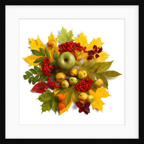 An autumn wreath with leaves, apples and berries by Anonymous
