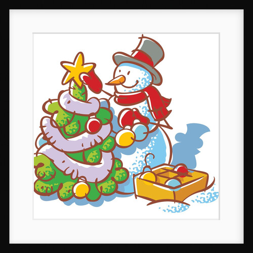 A snowman decorating a Christmas tree by Anonymous