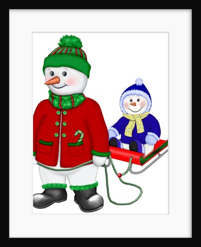 A well rugged up snowman with a child on his sled by Anonymous
