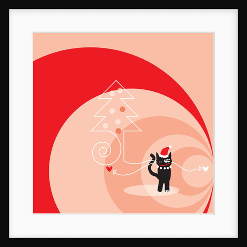 A black cat wearing a Santa hat, a Christmas tree and red and pink swirls by Anonymous