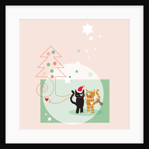 Two cats next to a Christmas tree and stars on a pink background by Anonymous