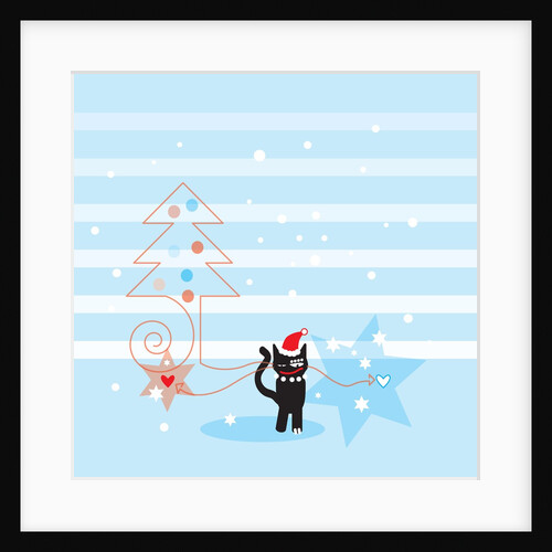 A black cat wearing a Santa hat next to a Christmas tree and stars by Anonymous