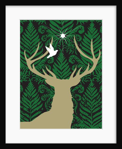 Silhouette of a deer, a dove and a star against a decorative background by Anonymous