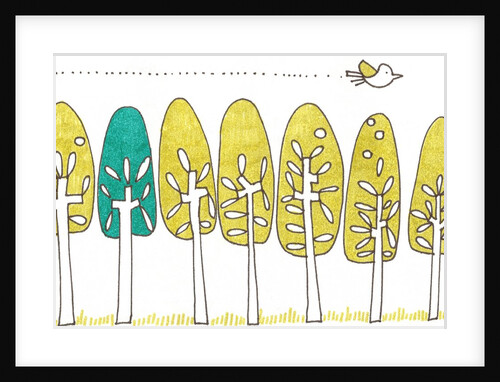 A bird flying over a row of trees by Anonymous