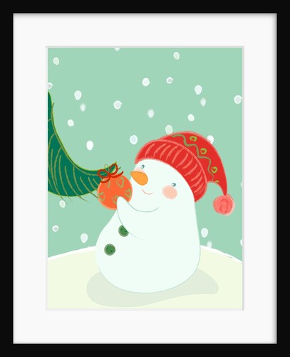 A snowman hanging an ornament on a tree by Anonymous