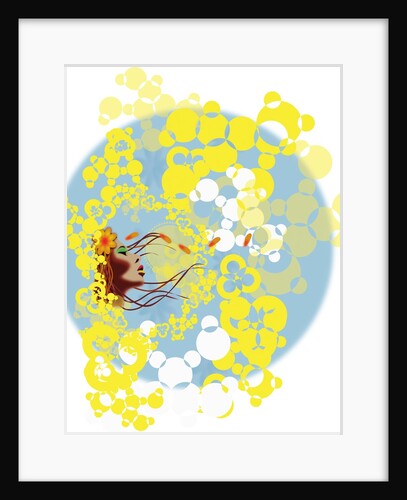 A woman with flower petals blowing with her hair by Anonymous