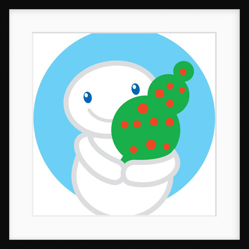 A snowman holding a small Christmas tree by Anonymous
