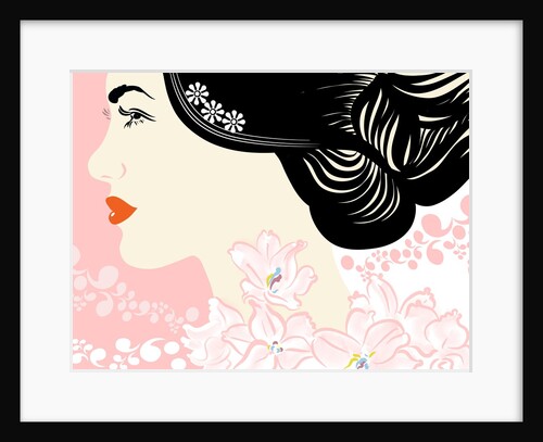 A womans profile surrounded by pink flowers by Anonymous