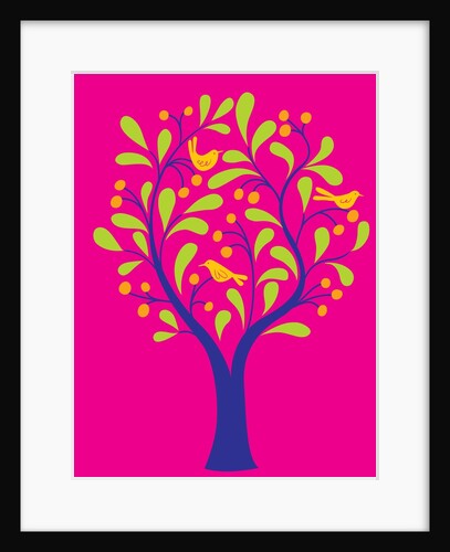 A fruit tree with birds in it on a pink background by Anonymous