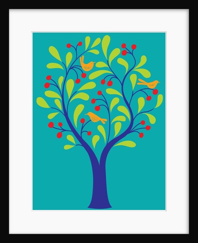 A fruit tree with birds in it on a turquoise background by Anonymous