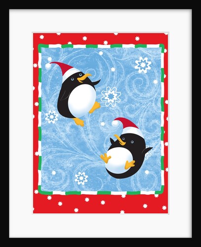 Two penguins in Santa hats playing in the snow by Anonymous