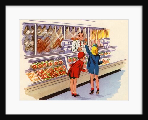 Boy and girl shopping at butcher shop by Anonymous
