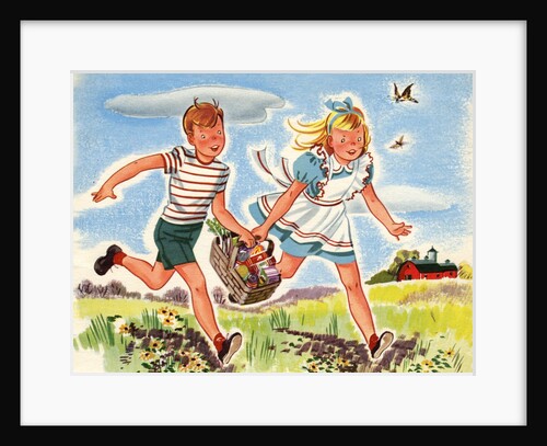 Boy and girl running with basket of groceries by Anonymous