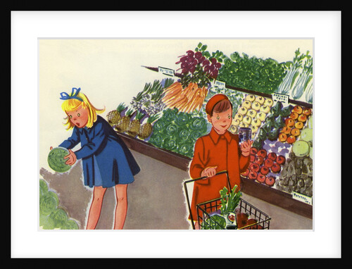 Boy and girl shopping for produce by Anonymous