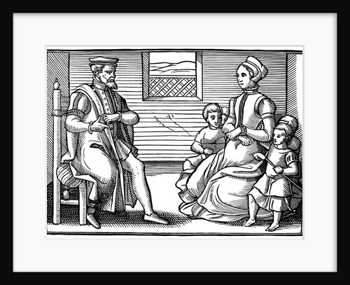 Woodcut of Puritan family learning to sing psalms by Anonymous