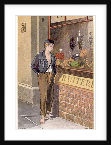 Hungry boy looking at fruit in shop window by Anonymous