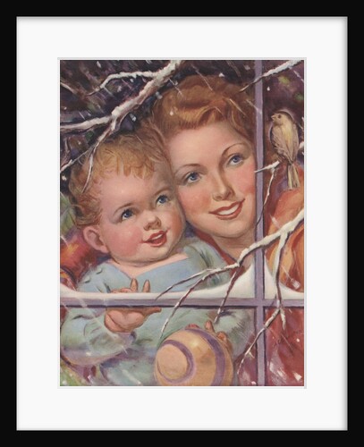 Mother and child looking at bird through window by Anonymous
