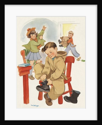 Children putting on winter clothes for outdoor play by Anonymous