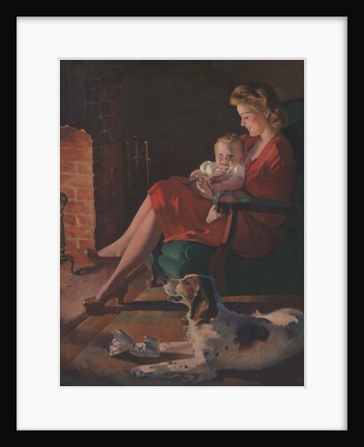 Mother and child sitting near fireplace by Anonymous