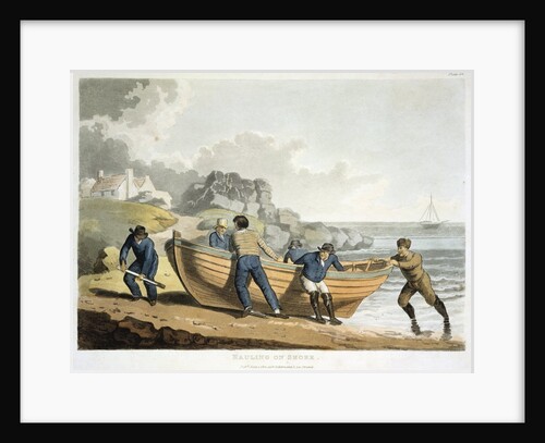 Men hauling dinghy to shore by Anonymous
