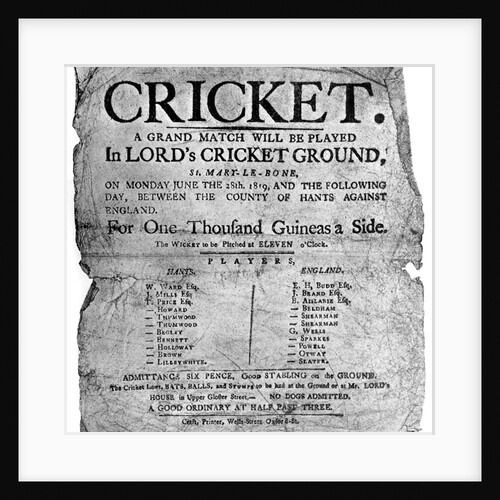Flyer advertising a cricket match between Hampshire and England, 1819 by Anonymous