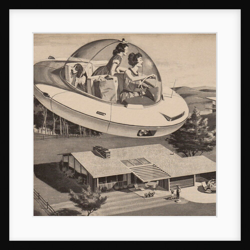 Woman driving flying saucer by Anonymous