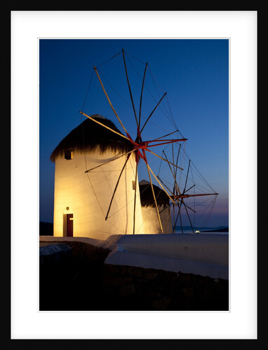 Windmills lite up at dusk, Greek Island of Mykonos by Anonymous