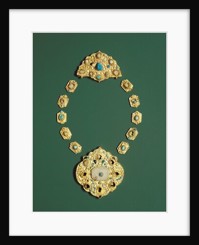 Pieces of a gold necklace with grey chalcedony, turquoise, and glass by Anonymous