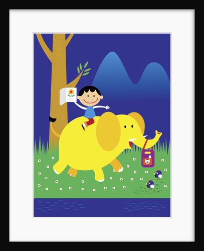 Boy Riding Elephant by Anonymous