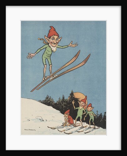 Illustration of elves skiing by Anonymous