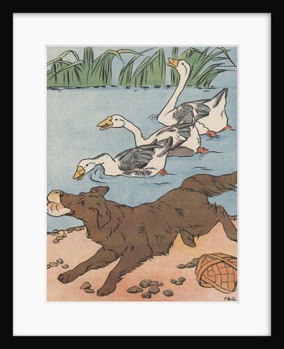 Illustration of geese honking at dog stealing food from basket by Anonymous