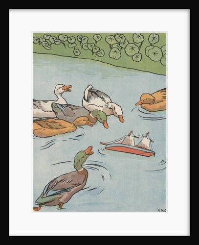 Illustration of ducks looking at overturned toy boat by Anonymous