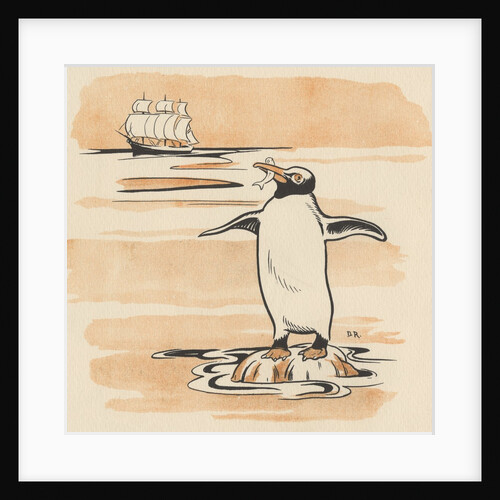 Illustration of penguin eating fish by Anonymous