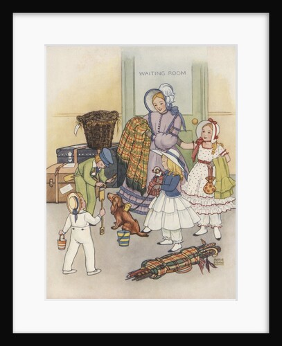 Illustration of family in waiting room with luggage by Anonymous