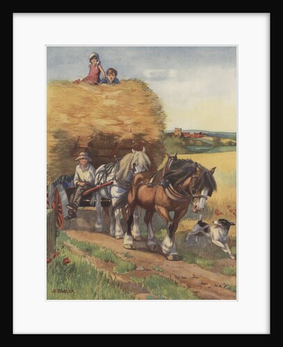 Illustration of horses pulling hay wagon by Anonymous