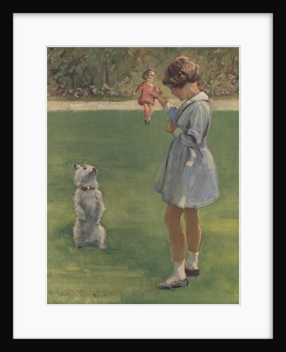 Illustration of girl teaching dog trick by Anonymous