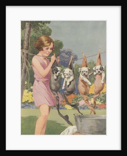 Illustration of girl hanging puppies in stockings by Anonymous