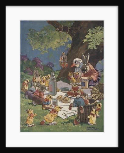 Illustration of rabbits and ducks at picnic by Anonymous