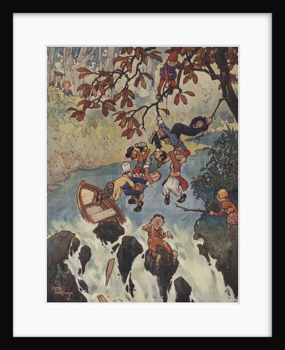 Illustration of men escaping from boat sinking near waterfall by Anonymous