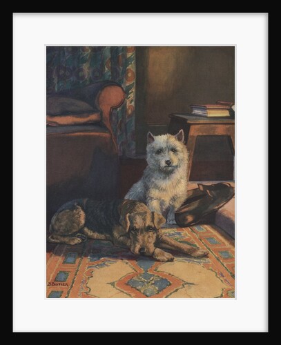 Illustration of dogs with slippers by Anonymous