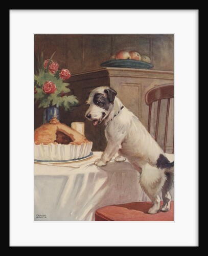 Illustration of dog eyeing pie on table by Anonymous