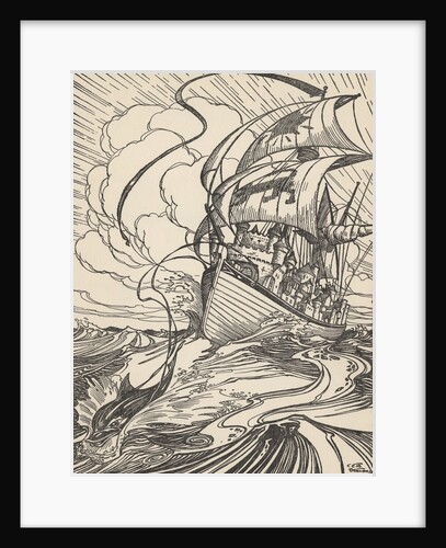 Illustration of ship pulled by dolphin by Anonymous