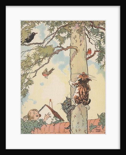 Illustration of cats chasing birds up tree by Anonymous
