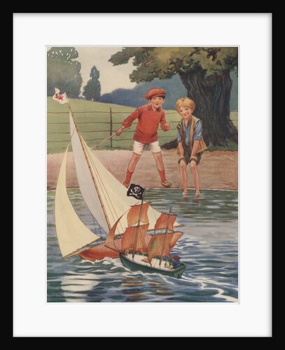 Illustration of boys playing with toy boats by Anonymous