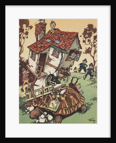 Illustration of giant turtle destroying house by Anonymous