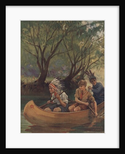 Illustration of three boys in canoe by Anonymous