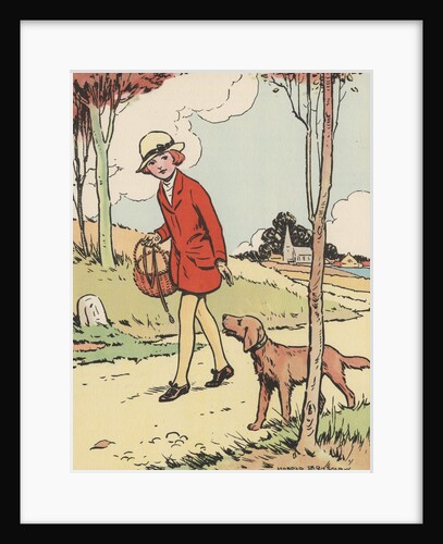Illustration of girl walking with dog by Anonymous