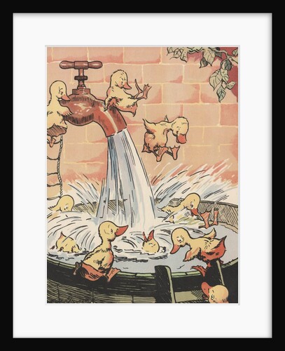 Illustration of ducklings playing in pail of water by Anonymous