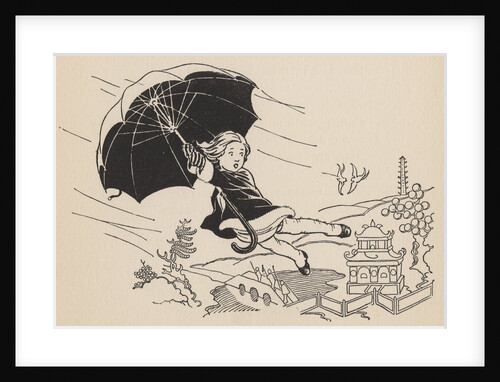 Illustration of girl with umbrella blown away by gust of wind by Anonymous
