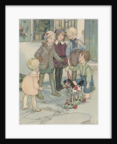 Illustration of children looking at toy horse by Anonymous